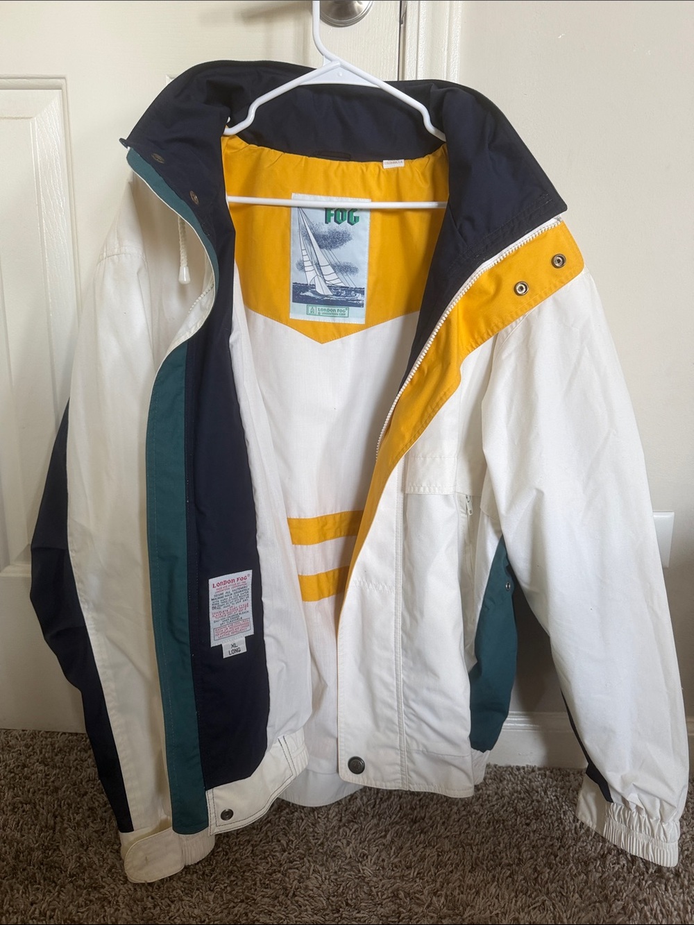 London Fog White Sailing Jacket with Yellow, Green & Black Panels